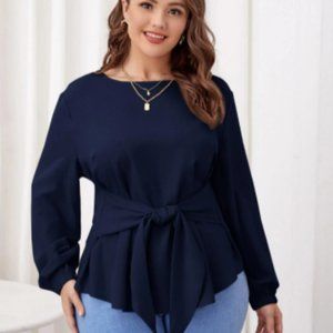 Navy Blue- Plus Knot Front Bishop Sleeve Top